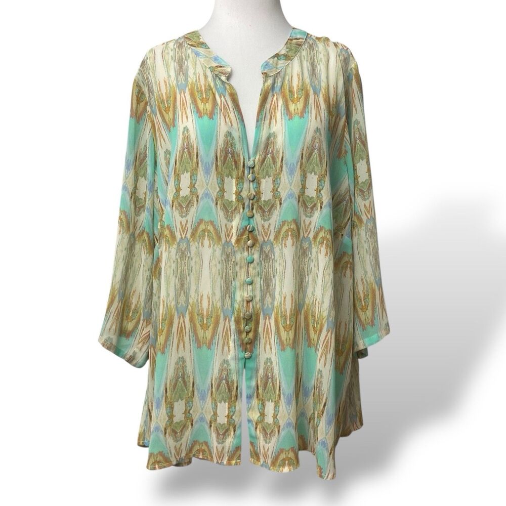 Rose & Olive Button Up A line Top Womens 1X Abstract Print Boho Lagenlook Hippie